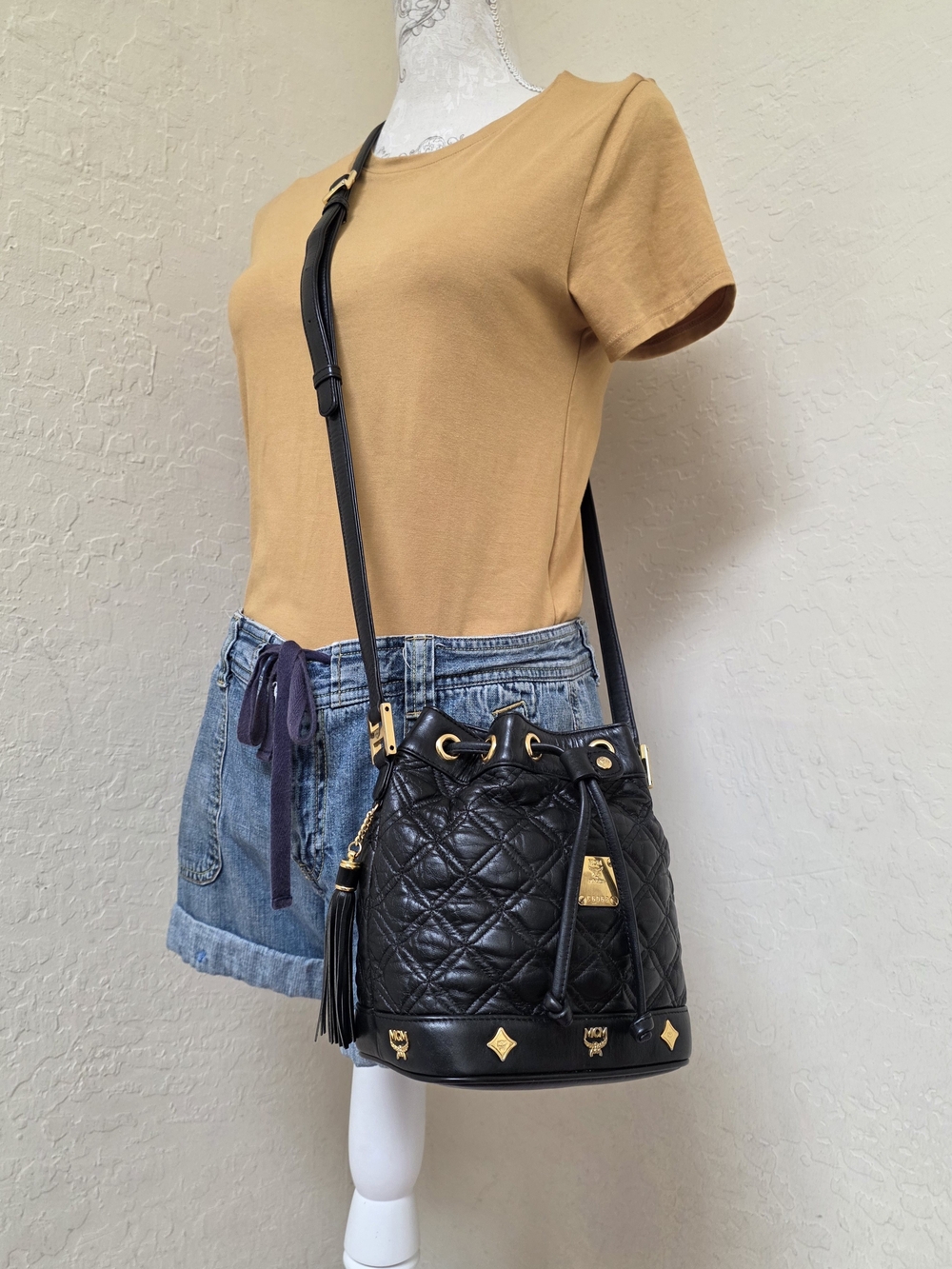MCM Quilted Leather Small Bucket Vintage Shoulder Crossbody Bag AUTHENTIC